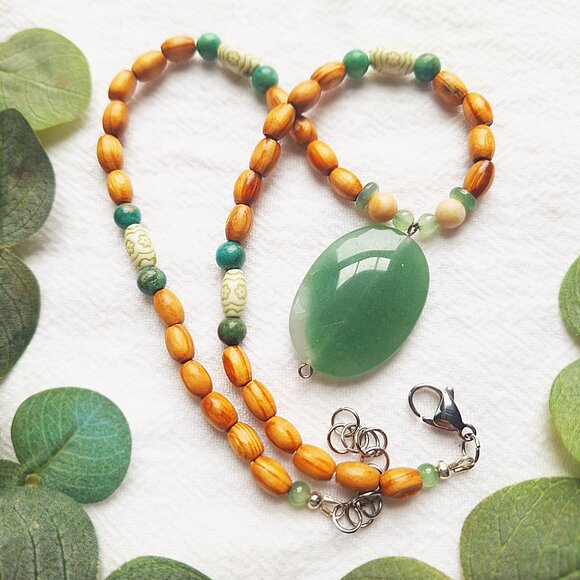 Long Stone Pendant Necklace, Bohemian Wood Beaded Necklace, Earthy & Organic - Picture 5 of 6